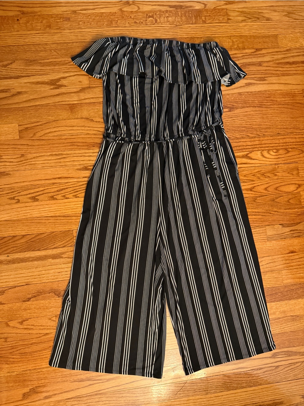 Off-Shoulder Black & White Striped Jumpsuit